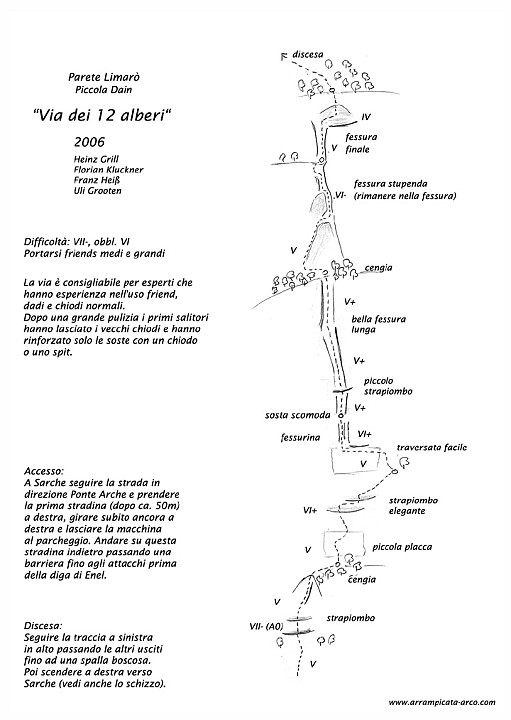 relazione.jpg - Gran bella via, roccia quasi ovunque buona, chiodatura essenziale ma integrabile.Stupendo il diedro indicato come 'bella fessura lunga' nella relazione.Portarsi una bella scorta di friend che di fessure ce ne sono !Relazione tratta dal sito del Grill www.arrampicata-arco.com