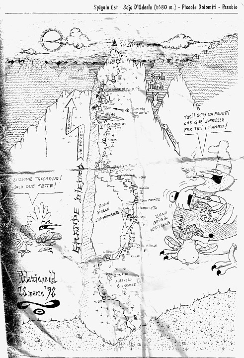 relazione.jpg - La relazione di Jacopelli che abbiamo trovato precisa. Unica 'variante' : consigliabile spezzare in due il tiro di artif sostando su chiodo+fittone circa 20 m prima del tetto. Si eviterà di sostare scomodamente proprio sotto il tetto.