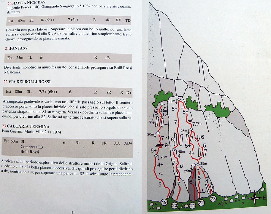 Relazione.jpg - Per l'avvicinamento parcheggiarea Laorca e seguire le indicazioni per la ferrata del Medale. Al bivio per il sentiero di discesa dal Medale seguire sempre quello che porta all'attacco della ferrata del Medale. Prendere la prima traccia a destra che sale nel bosco e porta in breve al settore destro della parete. Meno di mezz'ora dal parcheggio.