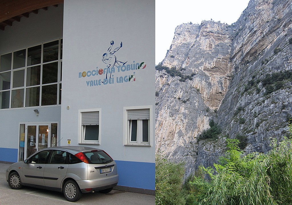 LaScelta.jpg - Partita a bocce o arrampicata ?  Si parcheggia a Sarche davanti al bocciodromo, si torna sulla strada per Campiglio e la si percorre per qualche decina di metri. Poi si scavalca una stanga e si scende per stradina fino al fiume. Un breve tratto attrezzato con corda permette di arrivare a dei cavi giganteschi su cui si attraversa il Sarca senza bagnarsi i piedi.
