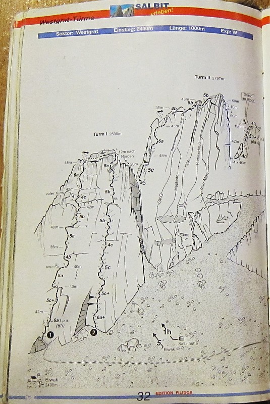 Relazione.jpg - La Turm 1 è la prima torre della lunghissima cresta Ovest del Salbit. Ci siamo limitati a questa bellissima torre che presenta i passi più difficili dell'intera traversata. Chiodatura decisamente più rarefatta che non sulla Niederman, qualche spit permette di azzerare i tratti più duri. Discontinua nella parte centrale, a me è sembrata meno bella sia della Clock and Stock che della Niederman. Caratteristico l'avvicinamento con ponte sospeso !