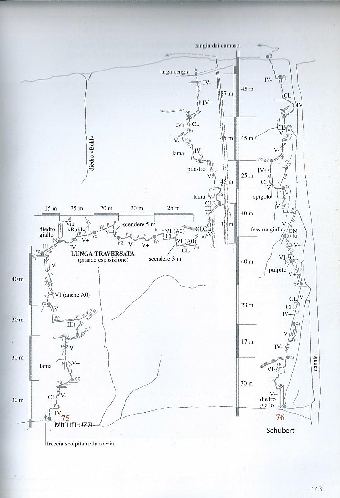 SchizzoSchubert.jpg - Una classica della parete. Per raggiungere l'attacco fare riferimento all'evidente ghiaione ben visibile già dalla strada. Chiodatura discreta, le soste sono tutte attrezzate a spit di cui uno con anello di calata. Sinceramente però le doppie non ci ispiravano e abbiamo preferito la solita discesa dalla cengia dei camosci.