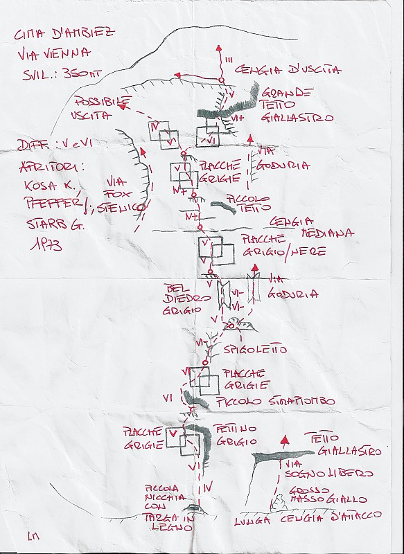 Relazione0001.jpg - L'idea era di salire la Concordia ma purtroppo era davvero troppo bagnata. Ripeghiamo sulla vicina "Vienna" trovandola molto bella. La parete Est della cima d'Ambiez presenta roccia ovunque ottima, verticale ma sempre ben appigliata e rugosa. Chiodatura abbastanza rara ma integrabile. Per la qualità della roccia anche i tiri 'facili' risultano molto piacevoli. Sicuramente consigliata.