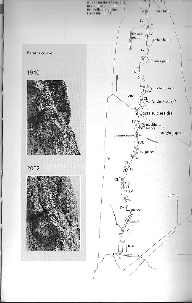 Schizzo.jpg - Grande classica, non tecnicamente difficile ma poco chiodata e da ricercare specie sui tiri più facili. Roccia da controllare con attenzione. Discesa molto esposta, segnata in parte con ometti e radi bolli rossi.