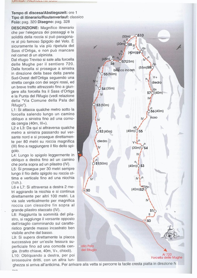 SchizzoWiessner.jpg - La via è la 5. Schizzo tratto dalla guida "Pale di San Martino - Arrampicare camminare volare " di S. Scalet e altri. Editore Versante Sud.Si tratta di una classica dolomitica, paragonabile allo spigolo del Velo rispetto al quale però è un po' meno bella e meno chiodata. Roccia ovunque ottima e facilmente proteggibile ma la chiodatura luingo i tiri e anche alle soste è scarsa e in cattive condizioni.Una relazione completa è disponibile qui http://www.rampegoni.it/file/vie/PaleSMartino/SASS%20D'ORTIGA_spigolo%20ovest.pdf