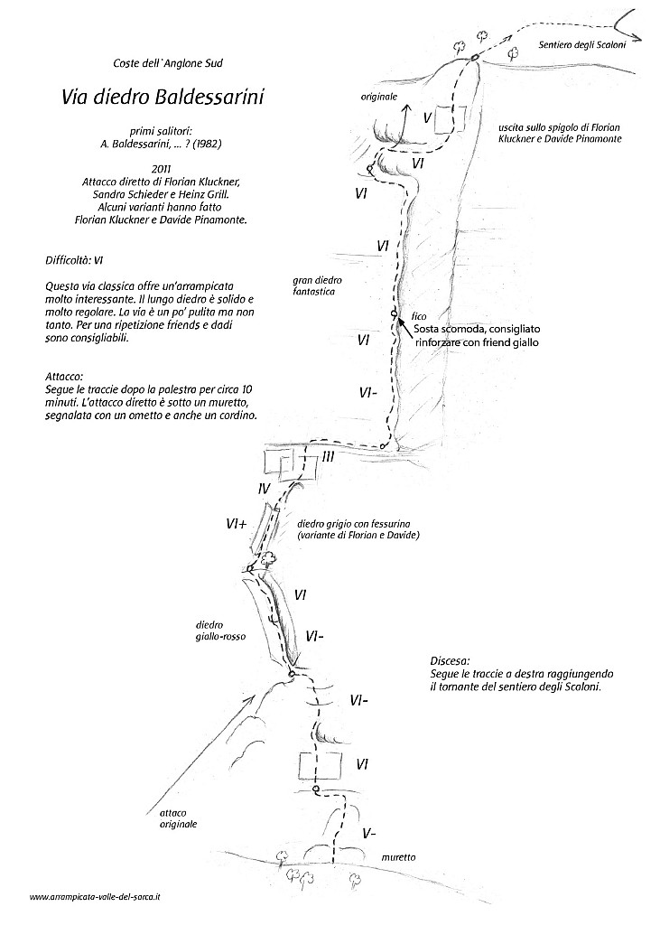 RelazioneDiedroBaldessarini.jpg - Via bella e sostenuta anche se breve. La parte alta del diedro è ben visibile dalla strada. Lo schizzo della via è reperibile su http://www.arrampicata-arco.com/via-diedro-baldessarini.html mentre una buona descrizione testuale si trova qui http://www.scuolaguidodellatorre.it/relazioni/Sarca-Anglone-viaDiedroBaldessarini/636/La via è una classica della valle del Sarca, chiodatura e tipo di arrampicata garantiscono un bell'impegno !