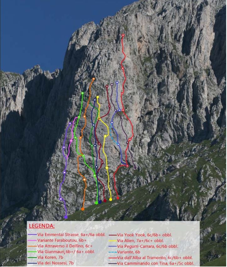 Cattura.JPG - La parete Sud della Presolana centrale ha attirato l'attenzione di tanti ! Qui uno schizzo con un riepilogo delle vie aggiornato al 2019. Mancano poco a sinistra sul filo dello spigolo Spigolando e il classico Spigolo Longo