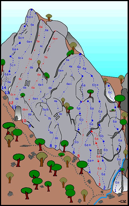 relazione.gif - Schizzo tratto da http://ossolaclimbing.org/node/83Arrampicata in placca d'aderenza. Chiodatura non proprio ravvicinata. Sarà che in placca proprio non mi trovo ma a mio parere l'obbligato è più severo del 5c della relazione !
