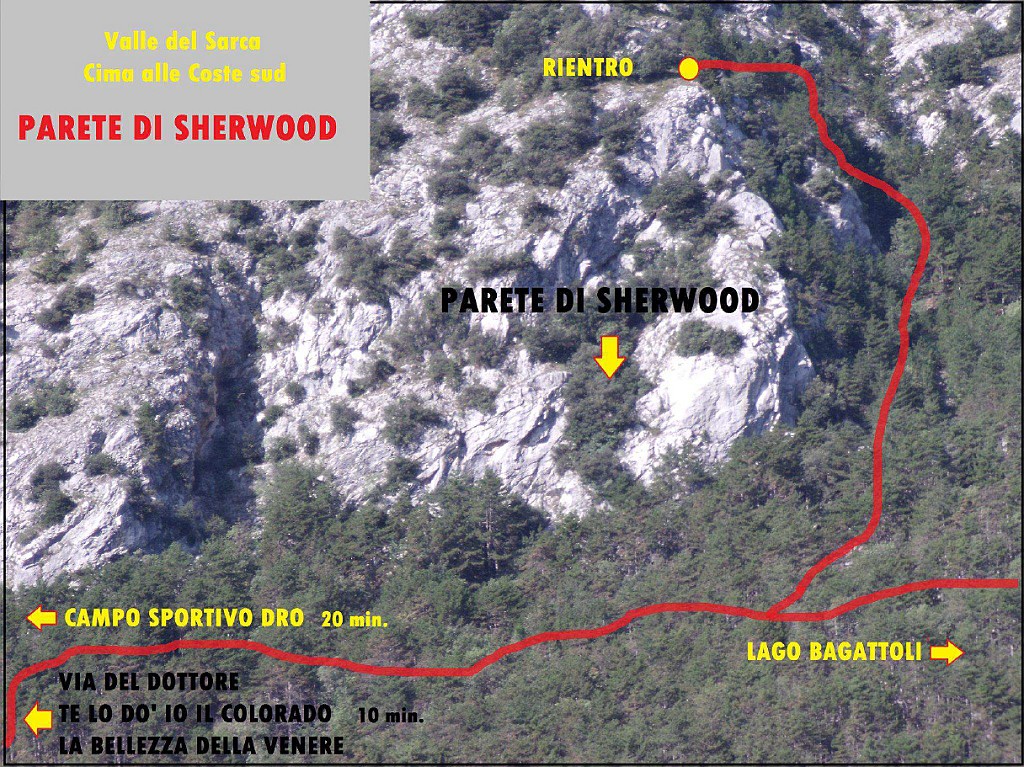 Avvicinamento.jpg - Parete minore tra le tante della Valle del Sarca, ideale per le corte giornate invernali. Dal parcheggio del campo sportivo di Oltra prendere la strada verso destra e seguirla fino a una sbarra. Di li un sentiero ben segnato con ometti sale nel bosco. Seguirlo fino alla parete, superare gli attacchi di Mercurio Serpeggiante e la Bellezza della Venere e proseguire fino a raggiungere la paretina. Scritte all'attacco incise sulle roccia ma non molto visibili.