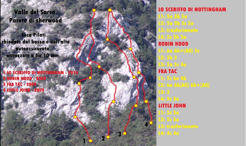 Relazione.jpg - Abbiamo salito Little John e Lo Sceriffo di Nottingham, entrambi ben chiodate a spit del 10. Friends e dadi non necessari.  Gli shizzi della parete sono presi da qui http://www.arrampicata-ledro.it/ValleDelSarca/Relazioni/CimaAlleCoste/CimaCoste_PareteSherwood.pdf