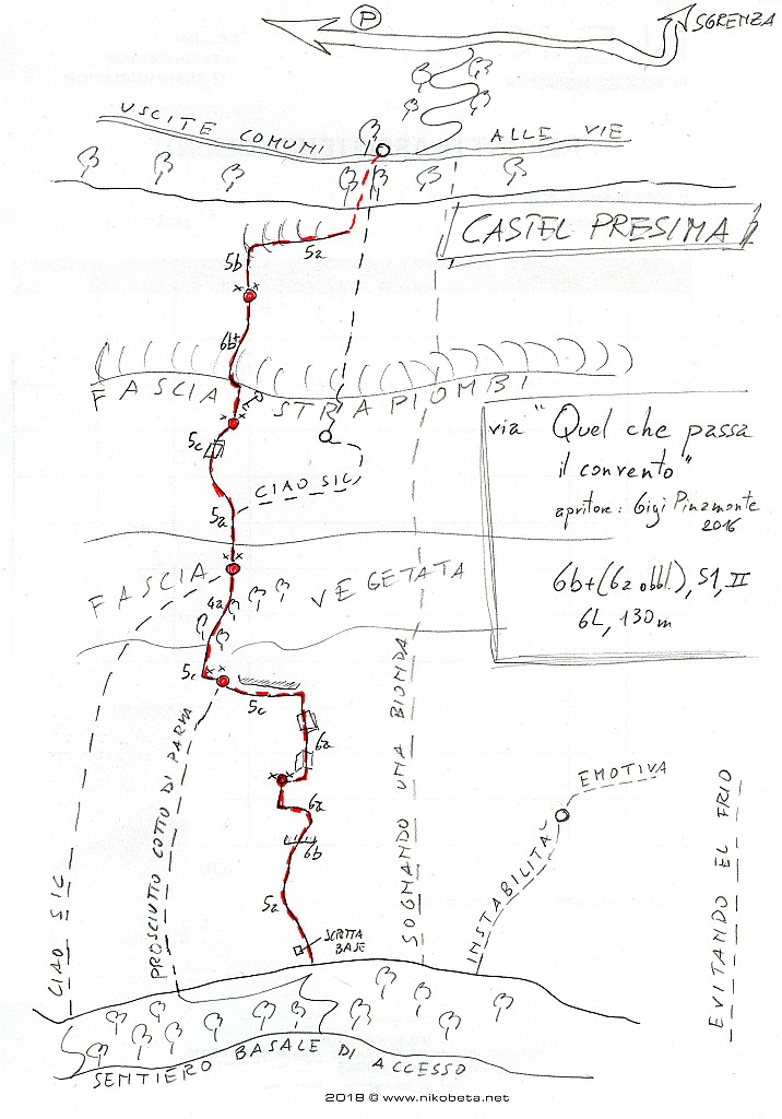 QuelChePassaIlConvento.jpg - Tra le ultime sulla ormai satura parete di Castelpresina. Si trova vicina alla più conosciuta'Sognando una bionda'. La relazione l'ho presa da qui https://www.nikobeta.net/climbing/sportiva/via-quel-che-passa-il-convento/Per non confondersi : le piastrine della via sono nuove e zincate. Incrocerete Ciao Sic che invece ha piastrine rosso-arancio. Le soste sono su piastrine artigianali.