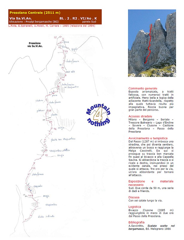 Relazione.jpg - Bella via appena di fianco alla più conosciuta Bramani. L'abbiamo trovata piacevole anche se leggermente più difficile. Attenzione solo a non partire dal primo cordone incastrato traversando subito a destra seguendo alcuni cordoni. Finireste su roccia marcia e poco proteggibile. Occorre invece ignorare il primo cordone e salire ancora 10 metri nel canale fino alla sosta di inizio via su due chiodi. Oltre alla relazione presa dal sito mountain for nothing è ottima quella trovata qui http://www.scuolaguidodellatorre.it/relazioni/roccia/PresolanaCentrale-viaSavian.html