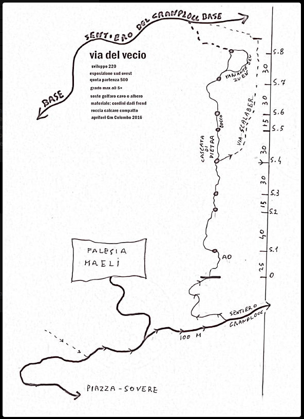 Schizzo.jpg - Due nuove viette in zona Sovere, nei preisssi della falesia Maili.Dalla Val Cavallina raggiungere Sovere e la frazione Piazza e parcheggiare all'imbocco di via Santa Lucia.https://www.google.it/maps/@45.833667,10.0236375,197m/data=!3m1!1e3Imboccare la via Santa Lucia e seguire poi le numerose indicazioni.
