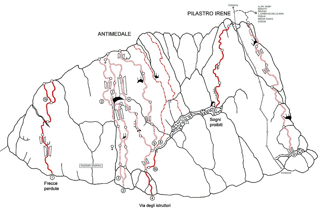 VieAntimedale.jpg - Per la via Sogni proibiti si attacca la via Istruttori percorrendone 2 tiri. Poi la si abbandona traversando a destra per poco più di 100 m tra molta vegetazione. Nel traverso si incontra anche la catena della via Asen, seguirla fino all'attacco di questa via e da li continuare a destra. Tra erba e arbusti si raggiunge l'attacco della via Sogni proibiti. Visibili un resinato e un chiodo in parete. No sosta all'attacco. Relazione qui http://www.scuolaguidodellatorre.it/relazioni/roccia/Medale-pilastroIrene-viaSogniProibiti.html