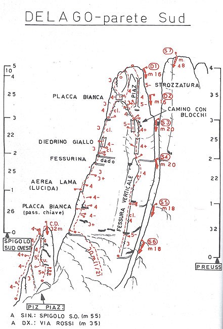 piaz_torre01.jpg - Schizzo preso dal sito del rifugio Vaiolet. I primi ad ascendere questo spigolo, il più frequentato e famoso del Gruppo del Catinaccio, furono Giovanni B. Piáz, Francesco Jori e Irma Glaser, nel 1911. Oltre all’attrezzatura NDA, l’utilizzo del magnesio è consigliato, poiché si tratta di un’arrampicata super aerea su roccia levigata nei tratti obbligati. La difficoltà è di IV, un passaggio è di IV+, il dislivello da superare comprende 130 m. La scalata si sviluppa su 156 m con 6 tiri, su roccia ottima, buona l’ultimo tiro. La durata è di ca. 2.30 ore.